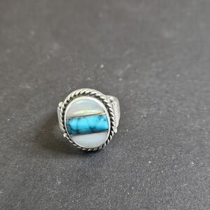 Vintage Navajo Sterling Silver W Turqouise And Mother Of Pearl Inlay.